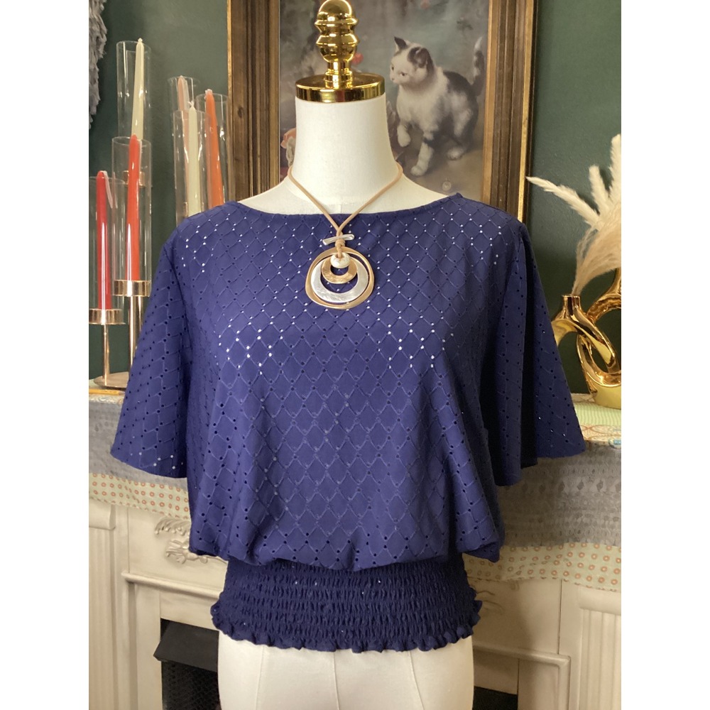 Michael Kors Navy Blue Eyelet Smocked Waist Blouson Top Medium